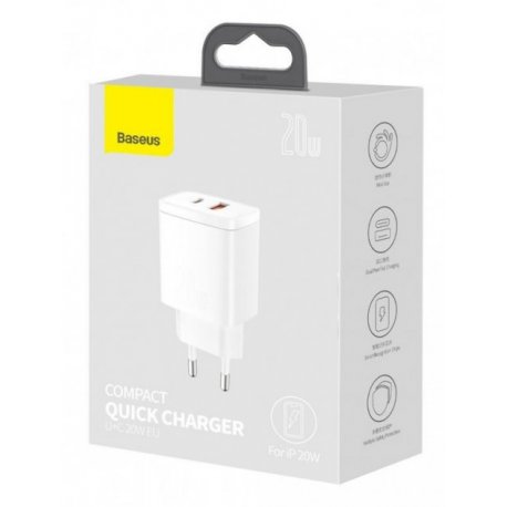 Мережевий зарядний пристрій Baseus Compact PD Charger Type-C + USB 20W White (CCXJ-B02)