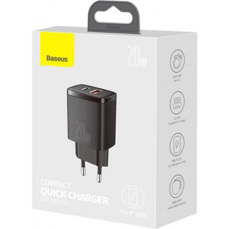 Сетевое зарядное устройство Baseus Compact PD Charger Type-C + USB 20W Black (CCXJ-B01)