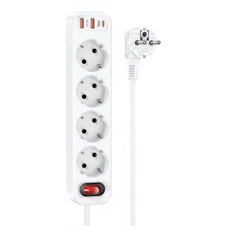 Сетевой удлинитель Hoco NS1 4 розетки / 3USB (Type-C PD20W+2USB 18W) 1,8m White