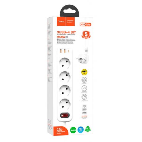 Сетевой удлинитель Hoco NS1 4 розетки / 3USB (Type-C PD20W+2USB 18W) 1,8m White