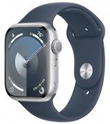Apple Watch Series 9 45mm (GPS) Silver Aluminum Case with Storm Blue Sport Band - Size M/L (MR9E3)
