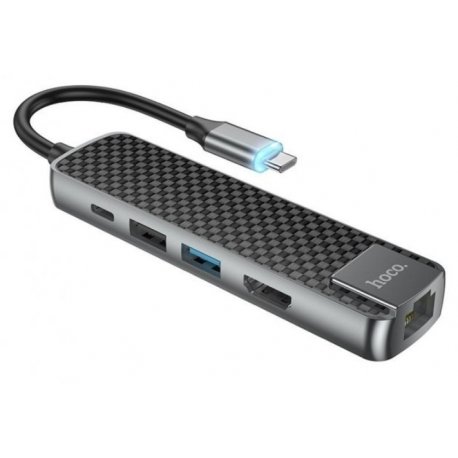 HUB Hoco HB23 5в1 (Type-C to HDTV+USB3.0+USB2.0+RJ45+PD) Gray (HB23)