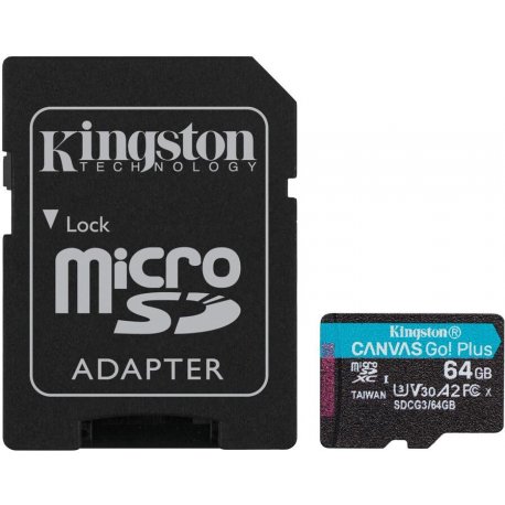 Карта пам'яті Kingston 64GB microSDXC C10 UHS-I U3 A2 R170/W90MB/s Canvas Go Plus + SD адаптер (SDCG3/64GB)