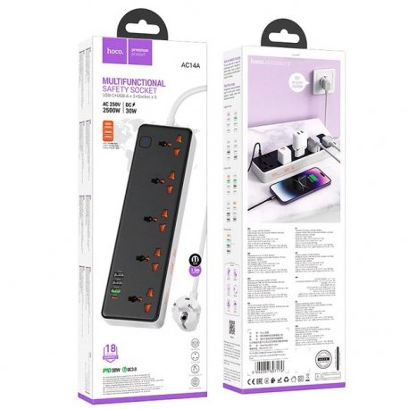 Сетевой фильтр Hoco AC14A (3USB/1Type-C/5xSocket) 1,5m Black