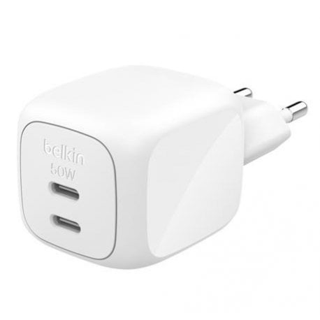 Сетевое зарядное устройство сетевое Belkin 2xUSB-С GAN PD PPS 50W White (WCH019KQWH)