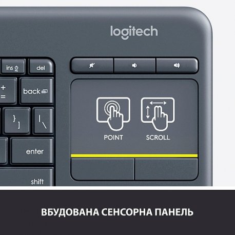 Бездротова Клавіатура Logitech K400 Plus Touch Black UA (920-007145)
