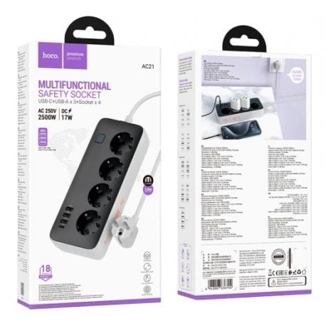 Сетевой фильтр Hoco AC21 (3USB/1Type-C/4xSocket) 3m Black