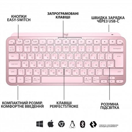 Бездротова клавiатура Logitech MX Keys Mini Wireless Illuminated Rose (920-010500)