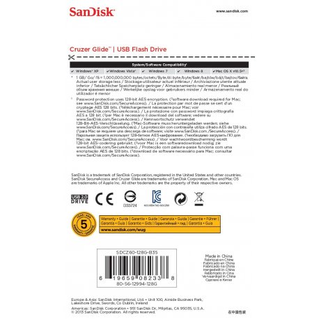 Флеш накопитель SanDisk Cruzer Glide 128GB USB2.0 (SDCZ60-128G-B35)