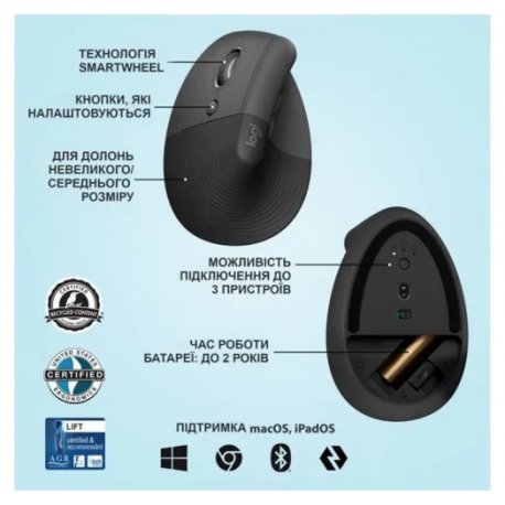 Бездротова миша Logitech Lift Left Vertical Ergonomic Graphite (L910-006495)