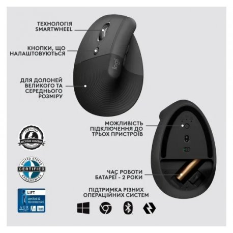 Бездротова миша Logitech Lift Left Vertical Ergonomic Graphite (L910-006495)