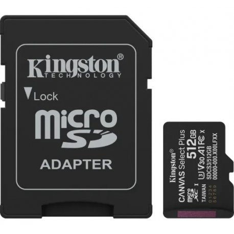 Карта памяти Kingston MicroSDXC 512GB Canvas Select Plus Gen3 150MB/s A1 + SD-адаптер (SDCS3/512GB)