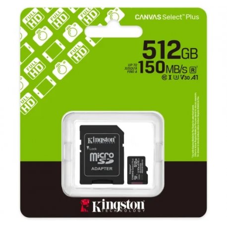 Карта памяти Kingston MicroSDXC 512GB Canvas Select Plus Gen3 150MB/s A1 + SD-адаптер (SDCS3/512GB)