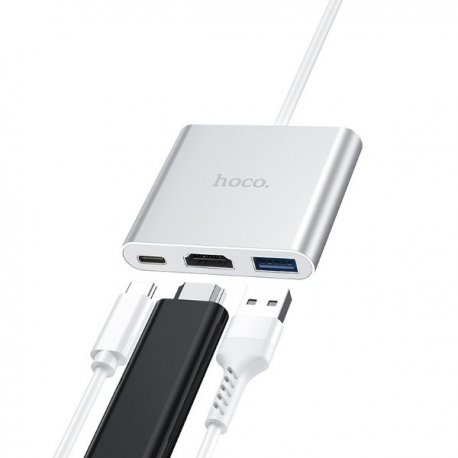 USB-хаб Hoco HB14 Easy use Type-C adapter Type-C to USB3.0+HDMI+PD Silver (6931474725790)
