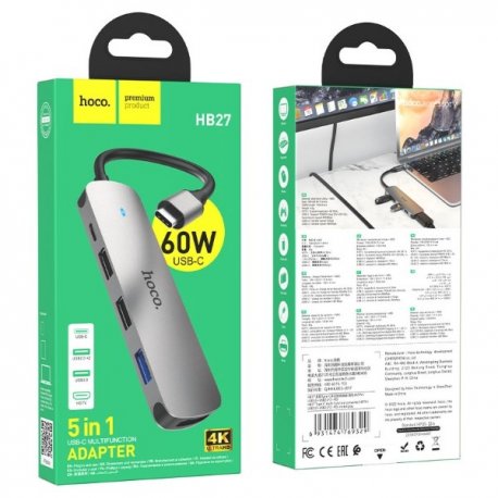 USB-хаб Hoco HB27 Type-C Multi-Function Converter HDTV+USB3.0+USB2.0*2+PD Metal Gray (6931474769329)