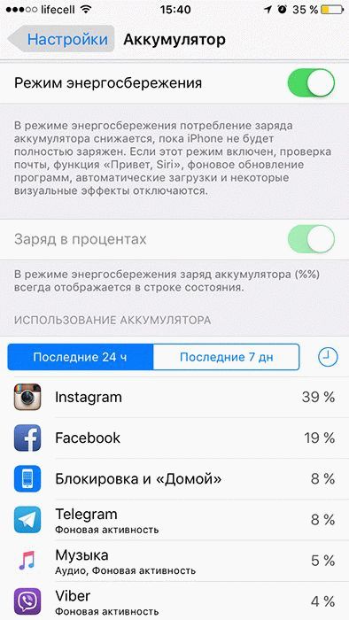 Включение режима энергосбережения на iphone